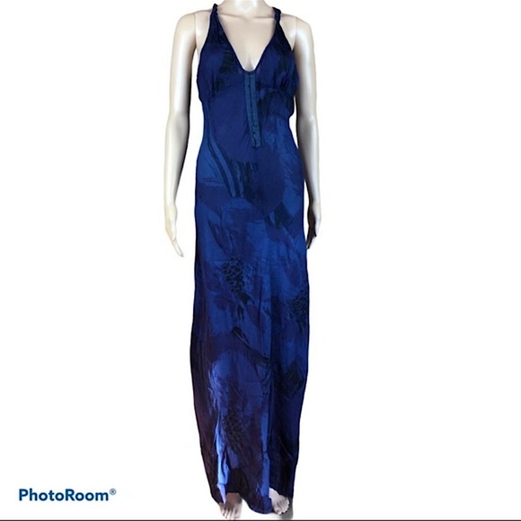 HURLEY Blue Deep V-Neck Hook & Eye Closure Halter Maxi Dress | Size M - Picture 1 of 11